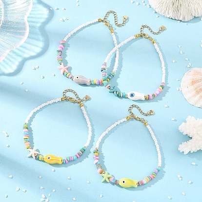 Ocean Handmade Porcelain Fish & Starfish Synthetic Turquoise & Dyed Natural Shell Beaded Anklets for Women, Golden