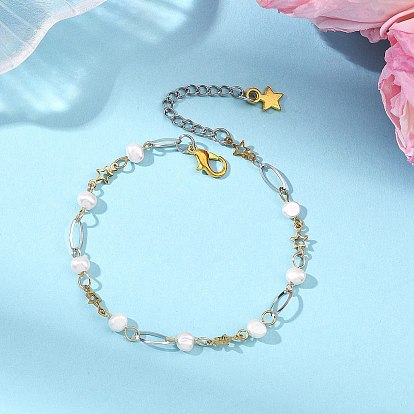304 Браслеты из нержавеющей стали с звеньями из натурального культивированного пресноводного жемчуга для женщин, звезда и овал