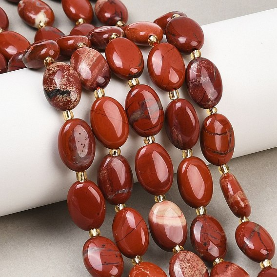 Натуральные красные яшмы бусы пряди, Плоско-овальные, с бисером