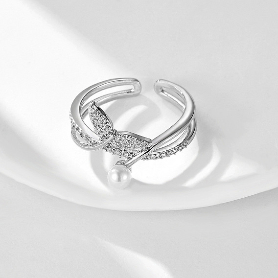 Brass Micro Pave Cubic Zirconia and Imitation Pearl Cuff Open Rings, Fishtail