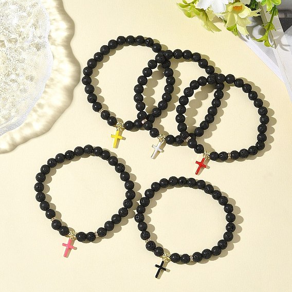 Браслеты с подвесками в виде крестиков из латуни и эмали, Браслеты из круглых бусин из натуральной лавы для мужчин и женщин