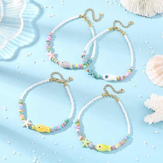 Ocean Handmade Porcelain Fish & Starfish Synthetic Turquoise & Dyed Natural Shell Beaded Anklets for Women, Golden