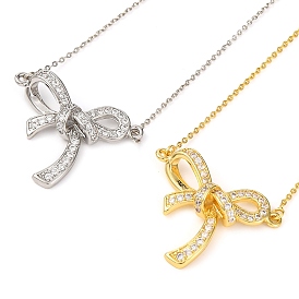 Brass Micro Pave Clear Cubic Zirconia Bowknot Pendant Necklaces, Cable Chain Neckalces for Women, Lead Free & Cadmium Free