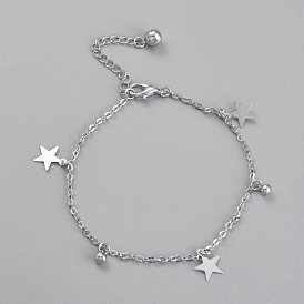 Bracelets de cheville étoile en laiton et breloques rondes, avec chaînes porte-câbles et breloques cloches
