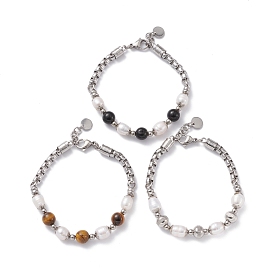 Round Mixed Gemstone & Natural Pearl Beaded Bracelet for Girl Women, 201 Stainless Steel Chain Bracelet, Stainless Steel Color