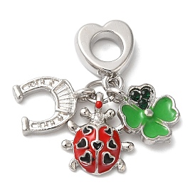 Rack Plating Alloy Emerald Rhinestone European Dangle Charms, Large Hole Horse Shoe & Ladybug & Clover Pendants with Enamel, Cadmium Free & Nickel Free & Lead Free