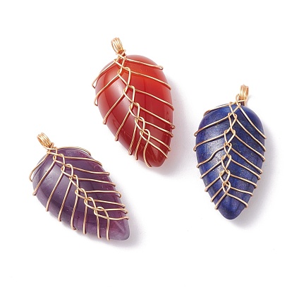 Pendentifs pierres précieuses naturelles mixtes, avec du fil de cuivre enroulé, or, charme de larme