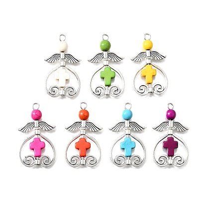 7 шт. 7 цвета круглые крестообразные синтетические бирюзовые подвески в форме сердца и ангела, с крыльями из сплава в тибетском стиле, античное серебро