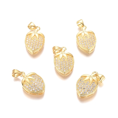 Brass Micro Pave Clear Cubic Zirconia Pendants, Long-Lasting Plated, Strawberry, Clear