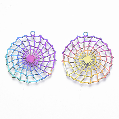 Ion Plating(IP) 201 Stainless Steel Filigree Pendants, Etched Metal Embellishments, Spider Web