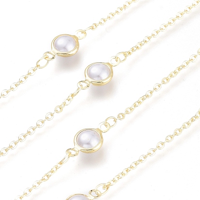 Brass Cable Chains, with Flat Round Glass Links & Spool, Soldered, Long-Lasting Plated, White