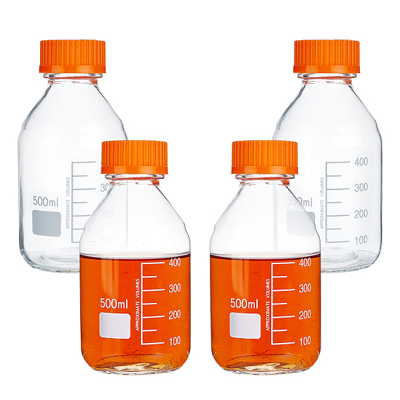 Многоразовая стеклянная бутылка для раствора с темно-оранжевыми пластиковыми завинчивающимися крышками, круглые
