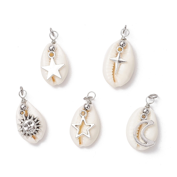 Подвески из натуральной ракушки каури и сплава, с медными ювелирными проволочными петлями, разнообразные, белые