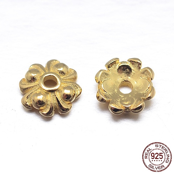 Real 18K Gold Plated 4-Petal 925 Sterling Silver Bead Caps, Flower, 6.5x2mm, Hole: 1mm, about 100pcs/20g