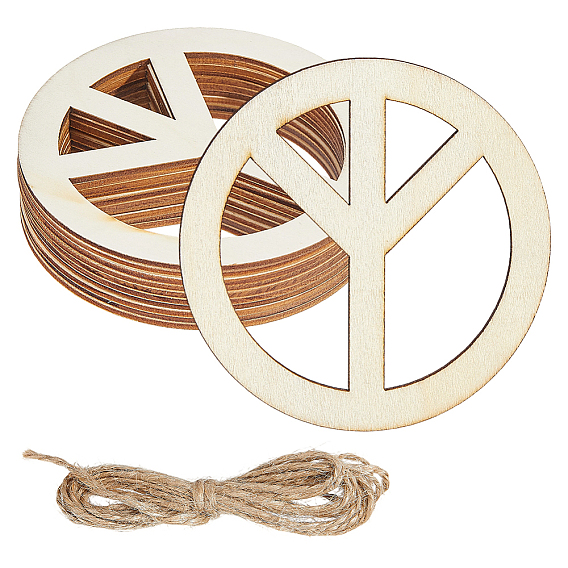 10 Juego de colgantes de madera sin terminar con el símbolo de la paz para pintar., pirograbado, decoración del hogar, con cordón de yute