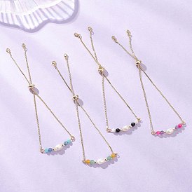 4 шт. 4 стили латунный браслет-слайдер с цепочкой-коробкой, Браслет из натуральных и синтетических смешанных драгоценных камней и культивированного пресноводного жемчуга для женщин, реальный 18 k позолоченный