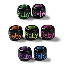 Spray Printed Opaque Acrylic European Beads, Large Hole Beads, Rondelle with Word Baby