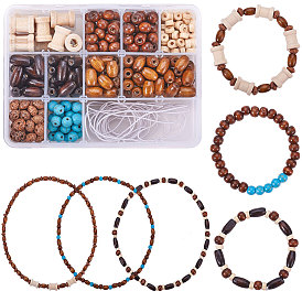 Fabricación de collar de bricolaje, con cuentas de madera, perlas naturales bodhi, Cuentas de turquesa sintética y cordones redondos elásticos para hacer pulseras elásticas.