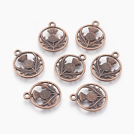 Tibetan Style Alloy Flat Round with Flower Scotland Thistle Pendants, Cadmium Free & Lead Free, 19x16x1mm, Hole: 2mm, about 930pcs/1000g