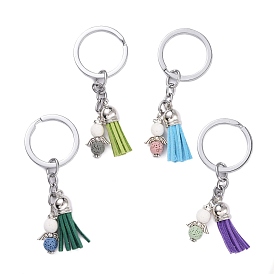 Alloy Keychain Findings, with Natural Lava Rock Beads and Faux Suede Tassel Pendant, Angel