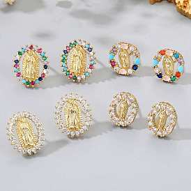 Cubic Zirconia Oval with Virgin Mary Stud Earrings, Golden Brass Jewelry for Women