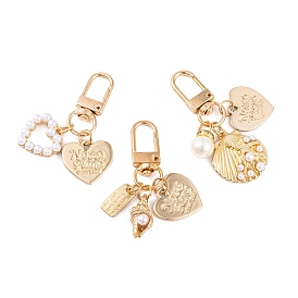 Cute Heart & Shell Shape ABS Plastic Imitation Pearl Pendant Decoration, Alloy Swivel Clasps Charms, Clip-on Charms, for Keychain, Purse, Backpack Ornament
