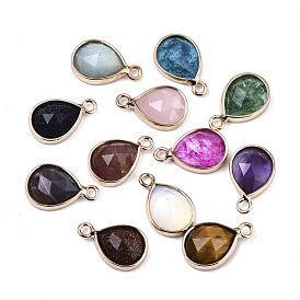 Natural & Synthetic Mixed Gemstone/Glass Charms, with Light Gold Plated Brass Edge and Loop, Teardrop, Faceted