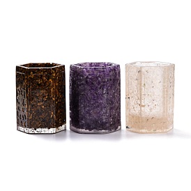 Resin with Natural Gemstone Chip Stones Pen Holder, Home OFFice Tabletop Decoration, Hexagon
