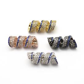 Brass Micro Pave Grade AAA Cubic Zirconia Tube Beads, Cadmium Free & Nickel Free & Lead Free, Large Hole Beads, Twist