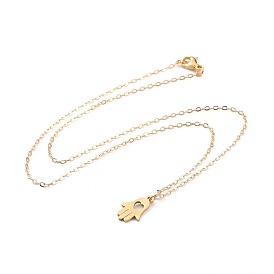304 Stainless Steel Pendant Necklaces, with Brass Cable Chain and Lobster Claw Clasps, Hamsa Hand/Hand of Fatima/Hand of Miriam with Heart