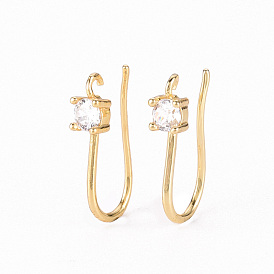 Brass Micro Pave Clear Cubic Zirconia Earring Hooks, with Horizontal Loop