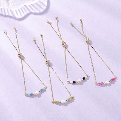 4 шт. 4 стили латунный браслет-слайдер с цепочкой-коробкой, Браслет из натуральных и синтетических смешанных драгоценных камней и культивированного пресноводного жемчуга для женщин, реальный 18 k позолоченный