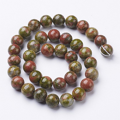 Natural Unakite Beads Strands, Round, Round, 10~14mm, Hole: 1~1.2mm
