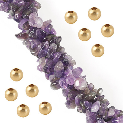 1 Strand Natural Amethyst Chip Bead Strands, Dyed, with 50Pcs Golden Tone Brass Spacer Round Beads