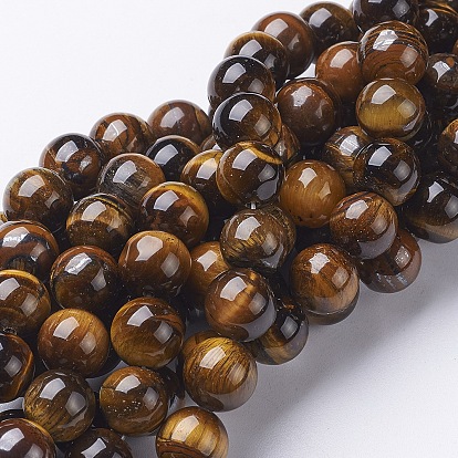Natural Tiger Eye Beads Strands, Round, Grade AB+, Round, Dark Goldenrod, 10mm, Hole: 1mm