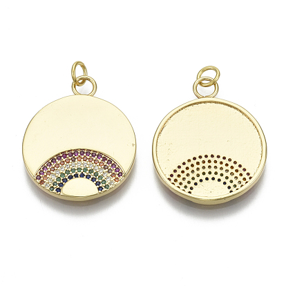 Brass Micro Pave Cubic Zirconia Pendants, with Jump Ring, Nickel Free, Flat Round with Rainbow, Real 16K Gold Plated