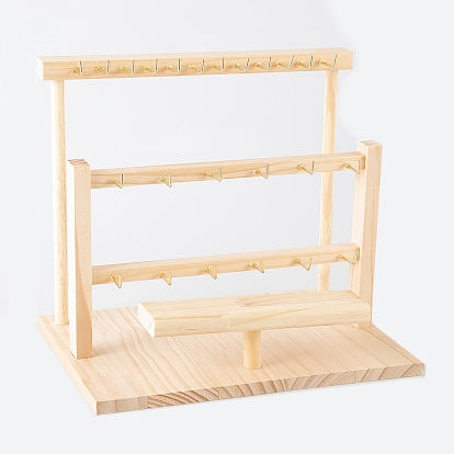 3-Tier Wooden Jewelry Organizer Display Stands for Necklaces Bracelets Watches, Rectangle, with Golden Metal Hooks