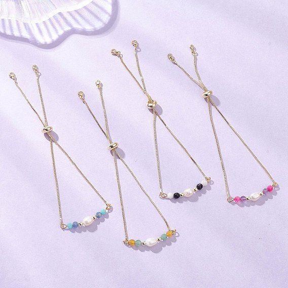 4 шт. 4 стили латунный браслет-слайдер с цепочкой-коробкой, Браслет из натуральных и синтетических смешанных драгоценных камней и культивированного пресноводного жемчуга для женщин, реальный 18 k позолоченный