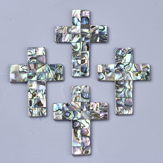 Single-Sided Natural Abalone Shell/Paua Shell Big Pendants, with Freshwater Shell Back, Cross
