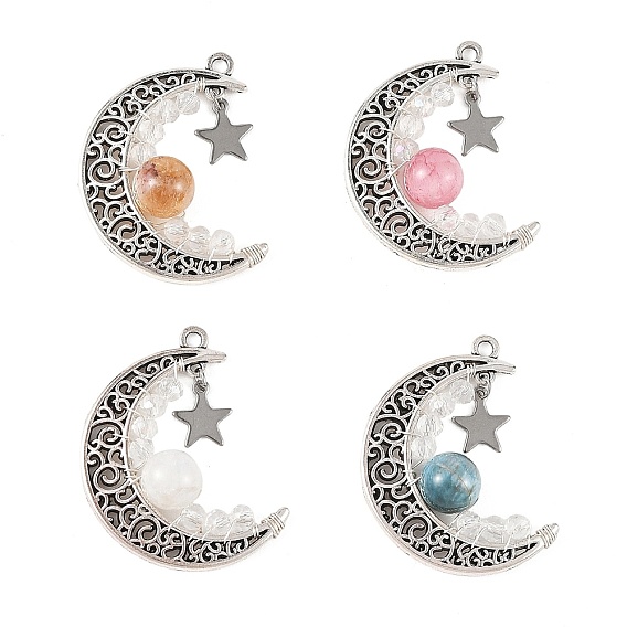 4Pcs 4 Styles Heated Natural Citrine & Apatite & Rainbow Moonstone & Dyed Green Jade Pendants, Alloy Moon Charms with Glass Beads, Antique Silver