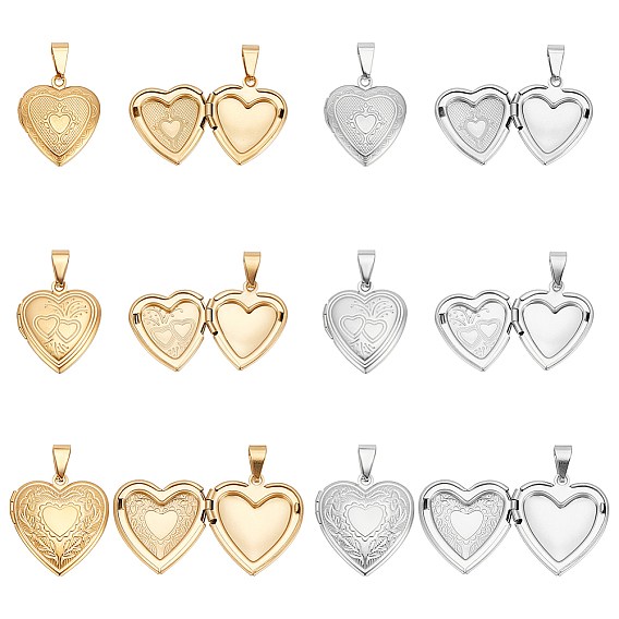 12шт. 6 стили: сердце 316 подвески-медальоны из нержавеющей стали, с 201 защелкивающимися дужками из нержавеющей стали, подвесками-рамками для фотографий из нержавеющей стали, ионное покрытие (ip)