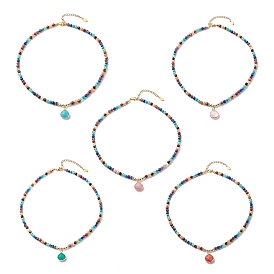 7Pcs 7 Style Natural & Synthetic Mixed Gemstone Teardrop Pendant Necklaces Set, Chakra Yoga Stackable Necklaces for Women