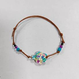 Synthetic Turquoise Tortoise & Seed Braided Bead Bracelet, Cotton Adjustable Bracelet