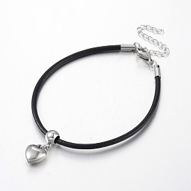 Heart 304 Stainless Steel Charm Bracelets, with Cowhide Leather Cord, 185x2.5mm