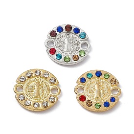 Alloy Connector Charms, with Rhinestones, Flat Round Links with Religion Virgin Pattern