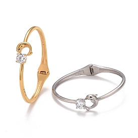 Clear Cubic Zirconia Dophin Cuff Bangle, 304 Stainless Steel Hinged Open Bangle for Women, Ion Plating(IP)