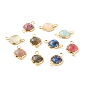 Natural Mixed Gemstone Links Connectors, with Golden 304 Stainless Steel Findings, Faceted, Flat Round