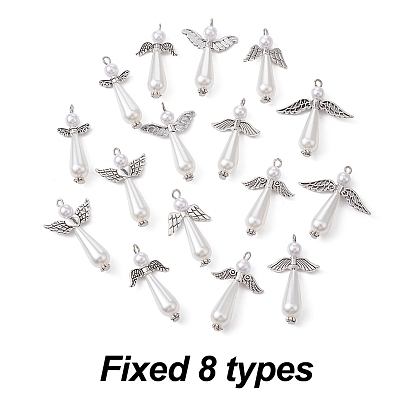 16Pcs 2 style Acrylic Imitation Pearl & Alloy Charms, with Antique Silver Loops, Angel Charms