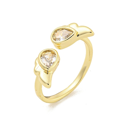 Anneaux de manchette ouverts en laiton plaqué micro pavé de zircone cubique, en forme de larme avec aile, pour femmes, sans plomb et sans cadmium, plaqué longue durée
