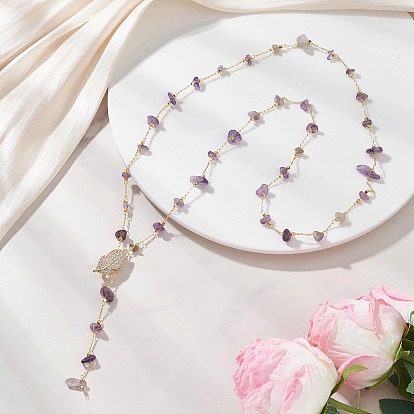 Ожерелья из цепочек ручной работы с натуральной каменной крошкой, Латунные ожерелья-лариаты с микропаве из прозрачных листьев для женщин, золотые